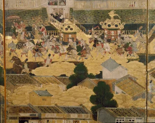 Détail de Vues dans et autour de Kyoto (Rakuchu rakugai zu), vers 1616-1624 (encre, couleur et feuille d