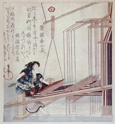 Métier à tisser japonais, estampe de la fin du 19ème siècle