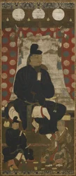 Portrait de Fujiwara no Kamatari (614-669) accompagné de deux fils, période Muromachi