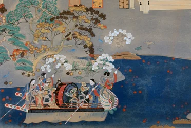 Barque à rames, illustration pour Eiga Monogatari (Histoire de Splendeur), par Akazome Emon, Japon