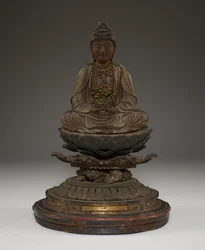 Miroku Bosatsu assis (bois polychrome avec cristal, métal et feuille d