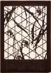 Pochoir : Grains, écorce et branches sur treillis de bambou