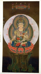 Le bodhisattva Akashagarba tenant dans la main gauche le joyau Cintamani exauçant les souhaits et assis sur un lotus, illustration d
