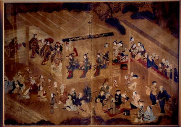 Théâtre kabuki : acteurs sur scène ; estampe japonaise du XVIIIe siècle, Paris, musée Guimet, Musée national des arts asiatiques