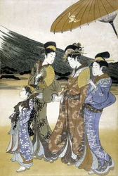 Trois femmes et enfants, estampe japonaise