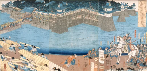 Triptyque montrant un fort en construction par la rivière Kunigos, période Edo 1603-1868