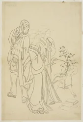 Deux geishas se promenant avec un dandy et un apprenti