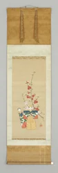 Deux poupées japonaises et une branche fleurie, fin du 18e siècle