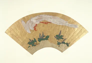 Éventail non monté : Oiseau plongeant sur un bambou couvert de neige, vers 1700-60