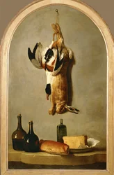 Nature morte avec lièvre mort, canard, bouteilles, pain et fromage ...