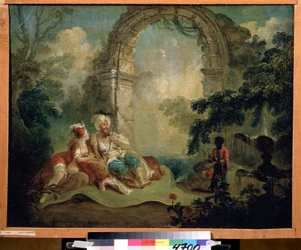 Orientalisme : « Pacha turc et odalisque allongés sur un tapis, servis par un domestique noir ». Peinture de Jean-Baptiste Hilaire (1753-vers 1822), musée Pouchkine, Moscou