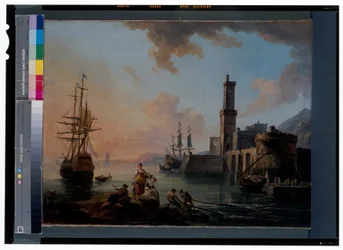 Pêcheurs et courtisanes dans un port méditerranéen au coucher du soleil