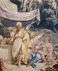 Le banquet en plein air, rideau de jeux russes, détail de la tente et des personnages
