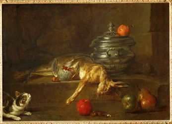 Chat regardant une perdrix et un lièvre morts, jetés à côté d