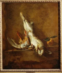 Lièvre mort avec perdrix rouge (peinture sur toile)
