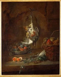 Perdrix morte pendue par une patte, bol de pruneaux et panier de poires (peinture sur toile)