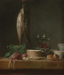 Nature morte avec poissons, légumes, gougères, pots et burettes sur une table