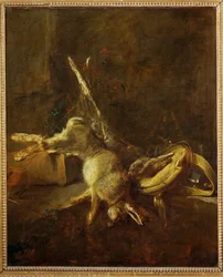 Deux lièvres, une gibecière et une poudrière (peinture sur toile)