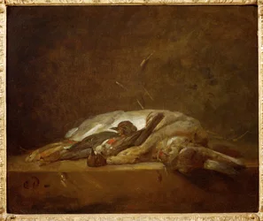 un lièvre, deux grives mortes (peinture sur toile)