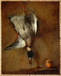 canard, accroché au mur, et orange amère (peinture sur toile)
