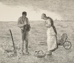 Angélus, couple de paysans dans les champs, gravure d