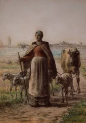 Paysanne menant sa vache et ses moutons aux champs