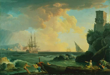 Scène portuaire méditerranéenne avec pêcheurs