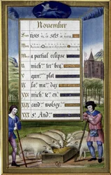 Novembre et signe du sagittaire : élevage de porcs - fac-similé des Heures d