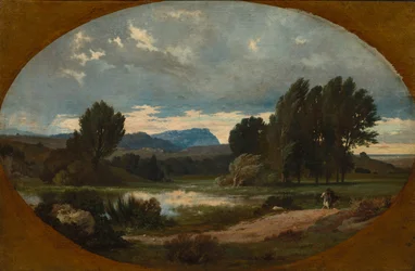 Paysage avec cavalier sur cheval blanc
