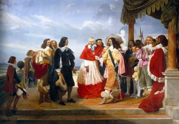 Nicolas Poussin, peintre français arrivant de Rome est présenté à Louis XIII, roi de France par le cardinal Richelieu, détail
