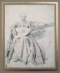 Un joueur de luth Dessin à la mine de plomb et sanguine par Jean Antoine Watteau (1684-1721) 18ème siècle