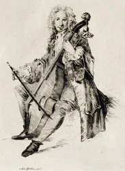 Joueur de violoncelle, par Jean Antoine Watteau, gravure