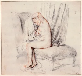Femme nue assise sur une chaise longue, mettant sa chemise, XVIIIe siècle