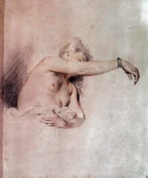 Femme nue, bras levé. Dessin à la sanguine de Jean-Antoine Watteau (1684-1721), XVIIIe siècle. 0,28 x 0,23 m. Paris, Musée du Louvre