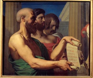 Les tragiques grecs. Portraits des dramaturges Eschyle (525-456 av. J.-C.), Sophocle (495-406 av. J.-C.) et Euripide (480-406 av. J.-C.). Peinture par Jean Auguste Dominique Ingres (1780-1867) 1866 Angers, Musée des Beaux-Arts