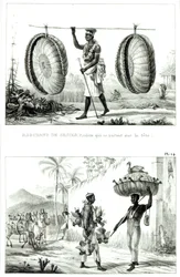 Paniers de tête et un vendeur de volaille, de 
