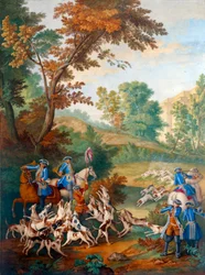 Plaque représentant les chasses de Louis XVI (1754-1793) : « la petite curée des jeunes chiens ou le forum à la fin de la curée »