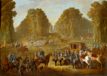 Plaque représentant les chasses de Louis XVI : la rencontre au carrefour du puits du Roi dans la forêt de Compiègne