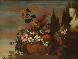 Fleurs dans un bassin et un sphinx