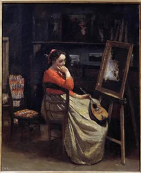 Une jeune femme pensive, un mandoline à la main, dans l