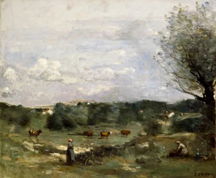 Prairie avec des vaches, un saule à droite et un village lointain