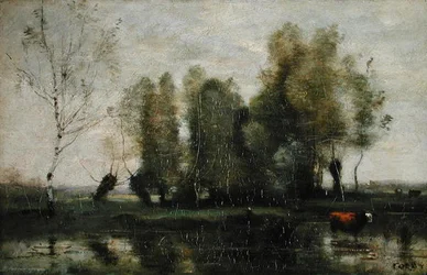 Arbres dans un paysage marécageux, vers 1855-60