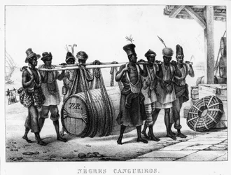 « Cangueiros noirs » - Des porteurs noirs transportent un tonneau, gravé par Thierry Frères (actif 1827-45), 1835