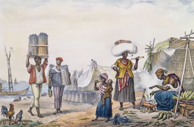 Des personnes noires vendant du charbon et du maïs, tiré de « Voyage Pittoresque et Historique au Brésil », gravé par Thierry Frères, 1839