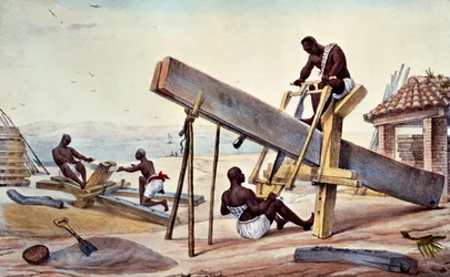 Bûcherons esclaves, extrait de «Voyage Pittoresque et Historique au Bresil», gravé par Thierry Freres, 1835