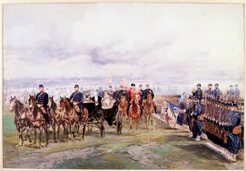 Le tsar Nicolas passe en revue les troupes avec Félix Faure à Châlons-sur-Marne lors de sa visite en France, 9 octobre