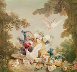 Salon du graveur Gilles Demarteau, au-dessus de la porte : colonnes, un panier de roses et une torche