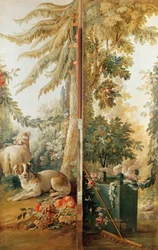 Salon du graveur Gilles Demarteau, deux panneaux 1. chien et mouton 2. oranger planté avec des colombes picorant