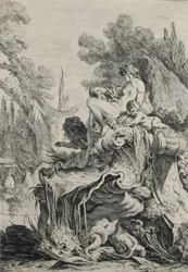 Fontaine avec une naïade assise sur une coquille