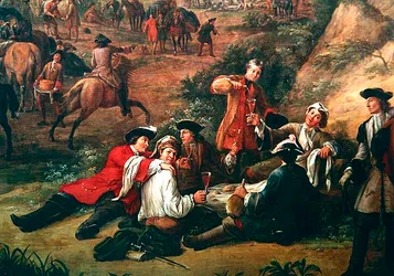 (détail) Groupe de soldats buvant, Vue du quartier général du Prince de Conti entre San Sebastian et Hondarribia, juin 1719